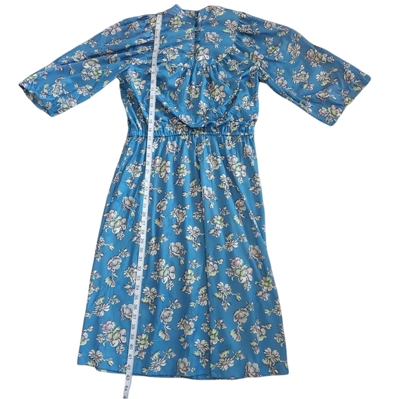 Vintage 70s Sears Bluson Wide Sleeve Blue Cherry Blossom Floral Day Dress 12 - Picture 7 of 12